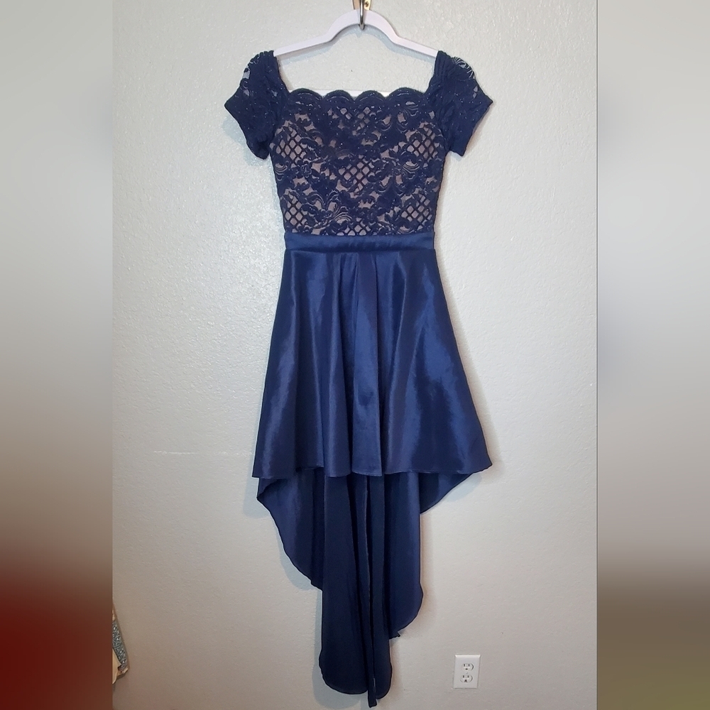 💚5/$25 Navy LACE Off The Shoulder Lace High Low Long Gown Maxi Dress 3/4